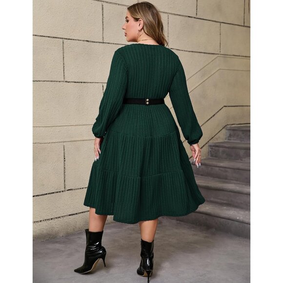 Women Plus Size Knit Sweater Dress Winter Midi with Belt Long Sleeves - Picture 6 of 6